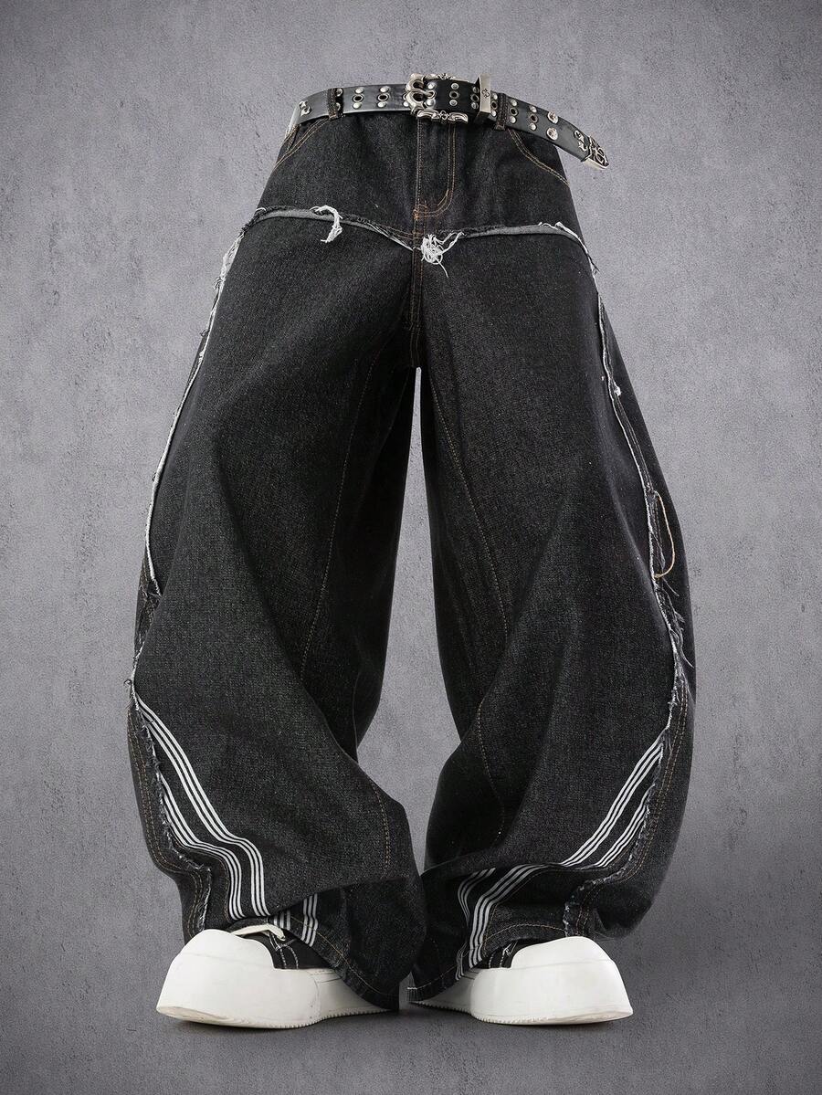 Manfinity Denimwave 男士高腰拼接毛邊印花彎腿牛仔長褲 - 黑色 - 查看 1