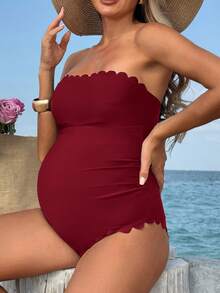Swim Vcay 優雅孕婦連身泳衣，花瓣飾邊，適合度假 - 酒紅色 - 查看 3
