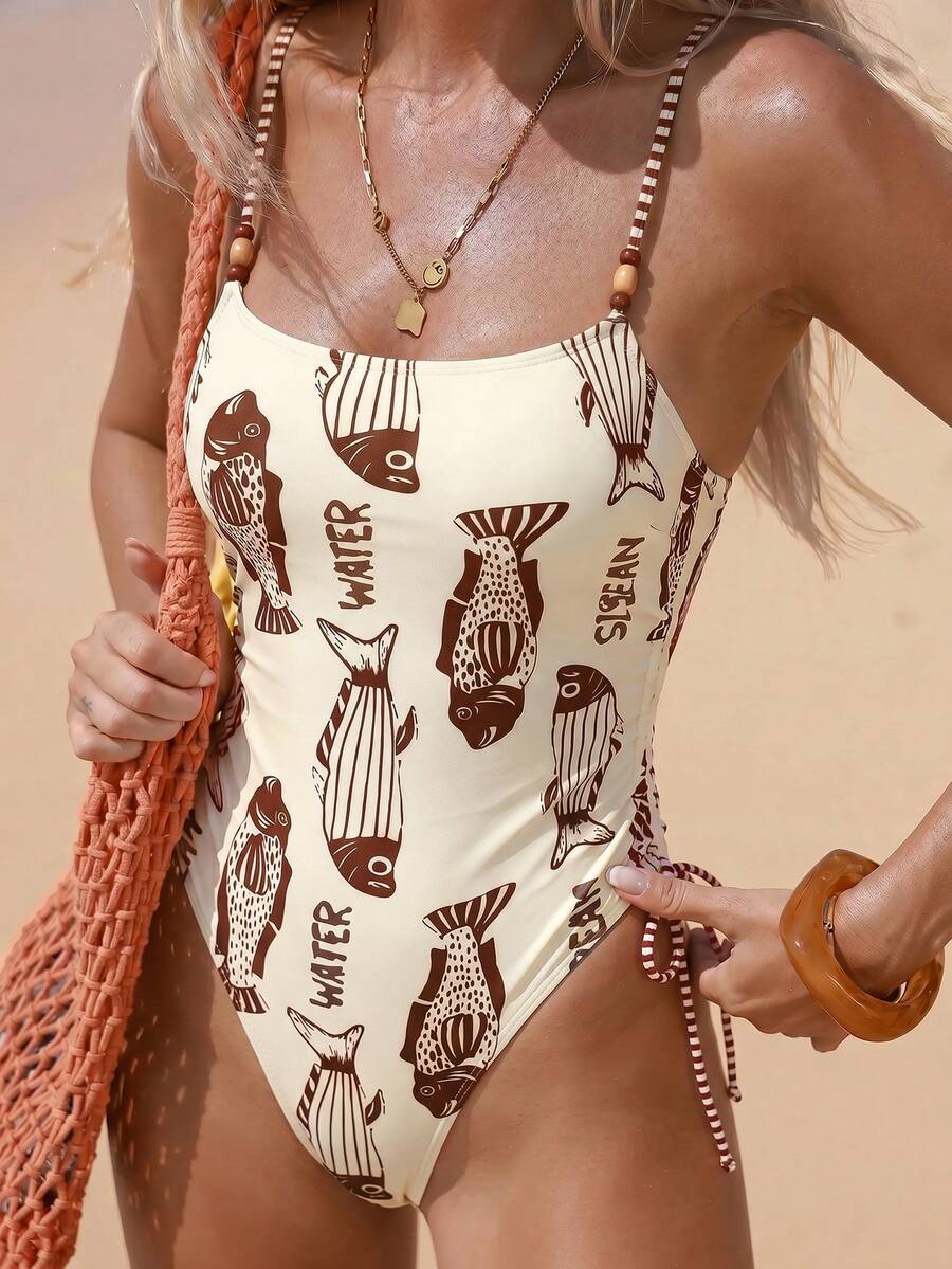 Swim Vcay 女款度假風串珠魚紋印花連身泳衣 - 棕色 - 查看 1