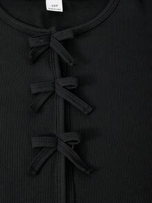 SHEIN 2件組青少年女孩黑色返校條紋喇叭袖上衣與細肩帶洋裝套裝，聚酯纖維 - 黑色 - 查看 6