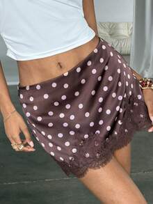 Aloruh Women's Summer Elegant Sexy Y2k Brown Polka Dot Print Lace Patchwork Skirt Night - Brown - View 5