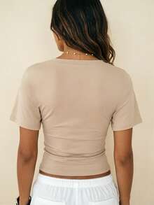 INAWLY Solva Women's Summer Sexy Casual Solid Color Deep V-Neck T-Shirt Club Going Out Night Out Khaki - Beige - View 3