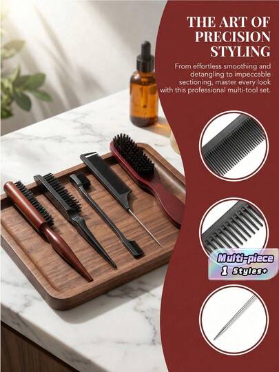 5pcs Comb Set For Hair & Beard Styling - Edge Control Brushes For Men & Women, Ideal For All Hair Types, Slick Back, Men's Vintage Oil Head Styling Brush Beard Brush, Grooming Styling And Cleaning Brush For Facial Hair And Hairline, Hair Brush
