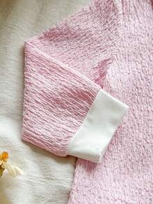 Vintaside Kids 2pcs/Set Baby Girl Comfortable Casual Fashion Pink Textured Fabric Contrast White Collar Cute Bow Embroidery Long Sleeve Top And Denim Shorts 3D Bow Fashion Versatile Two Pieces Outfit Suitable For Spring And Autumn Daily Wear - Multicolor - View 3