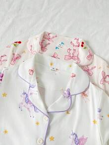 4件組女童睡衣，鈕扣式翻領休閒服，長袖長褲，印花款，春秋款 - 杏色 - 查看 4
