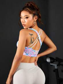 SHEIN Sujetador Deportivo Sin Espalda Con Estampado De Leopardo Y Tiras Cruzadas, Tops Deportivos Para Ejercicio - Multicolor - Ver 3