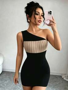 Franclia Fashion Slim Sexy Asymmetric Neck Textured Patchwork Short Dress For Women - Black - View 3