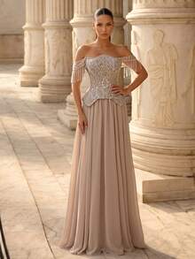 Glamrae Elegant Luxurious Noble Sophisticated Apricot Sequin Patchwork Chiffon Strapless Low Waist 2 In 1 Extra Large Skirt Adjustable Tie Heavy Work Evening Gown Suitable For All Formal Occasions - Champagne - View 8