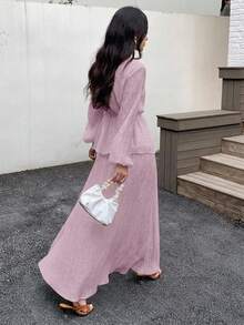 Solavon 女款紋理度假風鈕扣繫帶長袖上衣與休閒長裙兩件套 - 藕粉色 - 查看 3