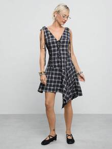 COUREZ Asymmetric Hem Layering Dress In Check Plaid With Lace Up Detail/Y2K Grunge Summer Clothes For Women Concert Outfits Halloween Black Plaid - Black and White - View 6