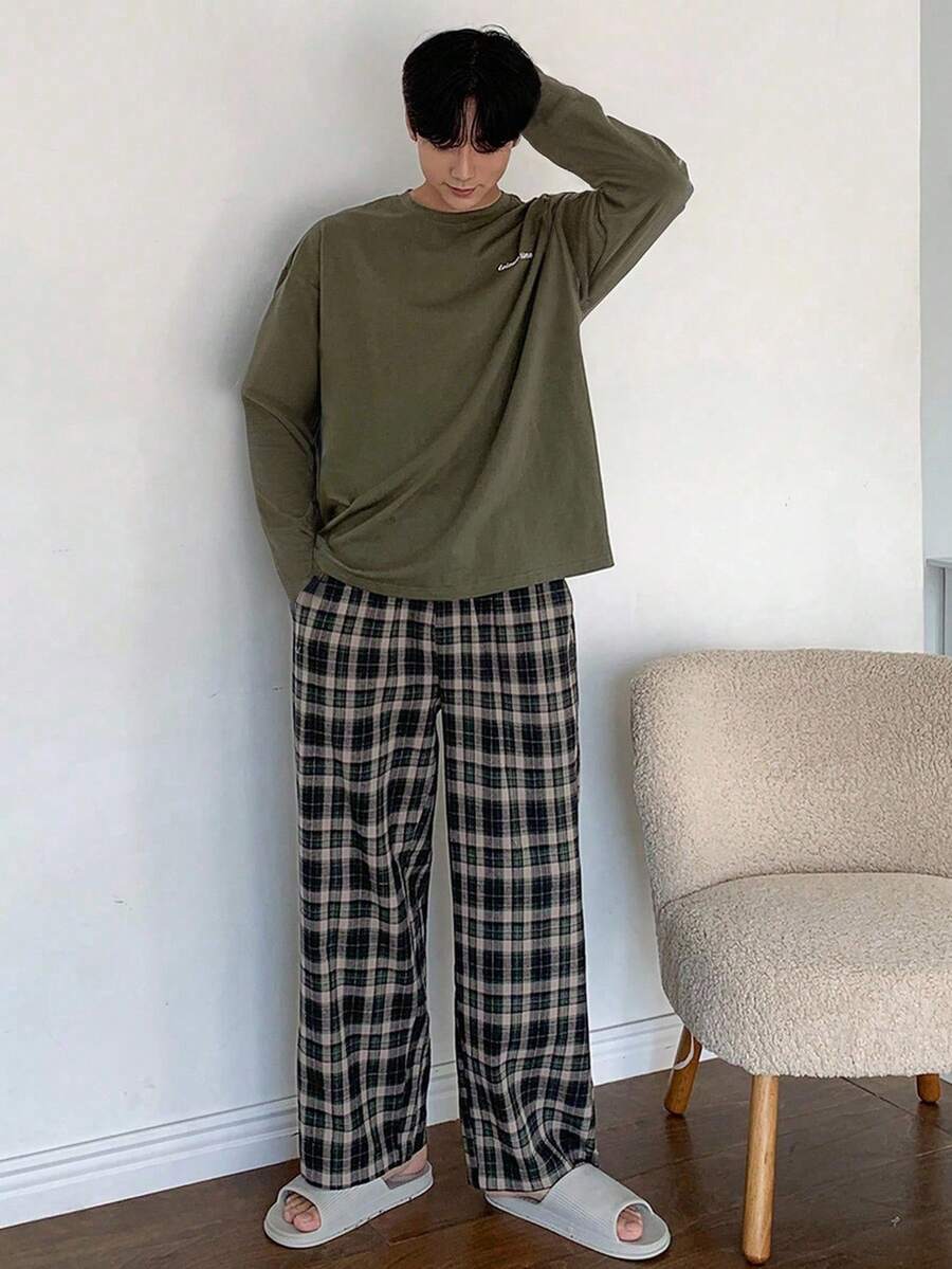 DAZY Conjunto de pijama con camiseta estampada con letras y pantalón a cuadros para hombres, ropa de primavera/otoño, otoño e invierno - Verde militar - Ver 1