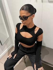 SHEIN ICON Y2K 前方鏤空黑色短版上衣附袖套 - 黑色 - 查看 3