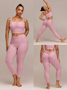 GLOWMODE 24'' Plus Size FeatherFit™-CloudBlend Ruched Waist Back Peakbum Invisible Butt Lifting Leggings Ballet Barre Studio Daily Casual - Pink - View 8