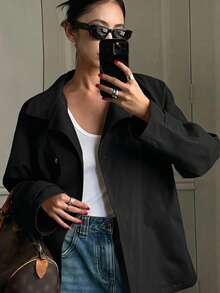 DAZY Jaket Wanita Regular Fit Longgar Bahu Jatuh Lengan Pendek Kancing Depan Kerah Tegak Warna Hitam Polos, Musim Panas & Gugur - Hitam - View 3