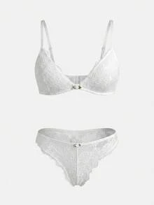 lacRébo White Floral Lace Lingerie Set With Triangle Bra And Matching Brief With Flower Trim Detail Romantic - White - View 7