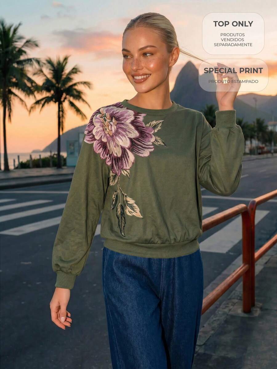 CAJUNI Olive Green Printed Sweater Elegant Casual Chic Winter Vacation - Army Green - View 1