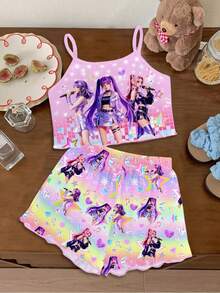 少女休閒卡通印花細肩帶上衣與短褲家居服套裝，適合夏季 - 彩色 - 查看 5