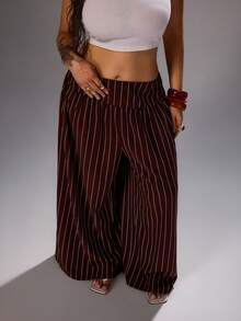Rustia Plus Size Casual Striped Wide Leg Pants Fall - Brown - View 8