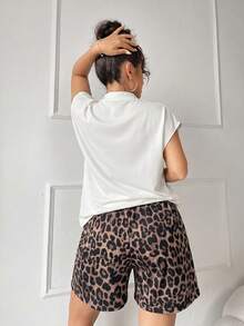 SHEIN SXY 大尺碼女款豹紋立領T恤與豹紋短褲兩件套 - 彩色 - 查看 3