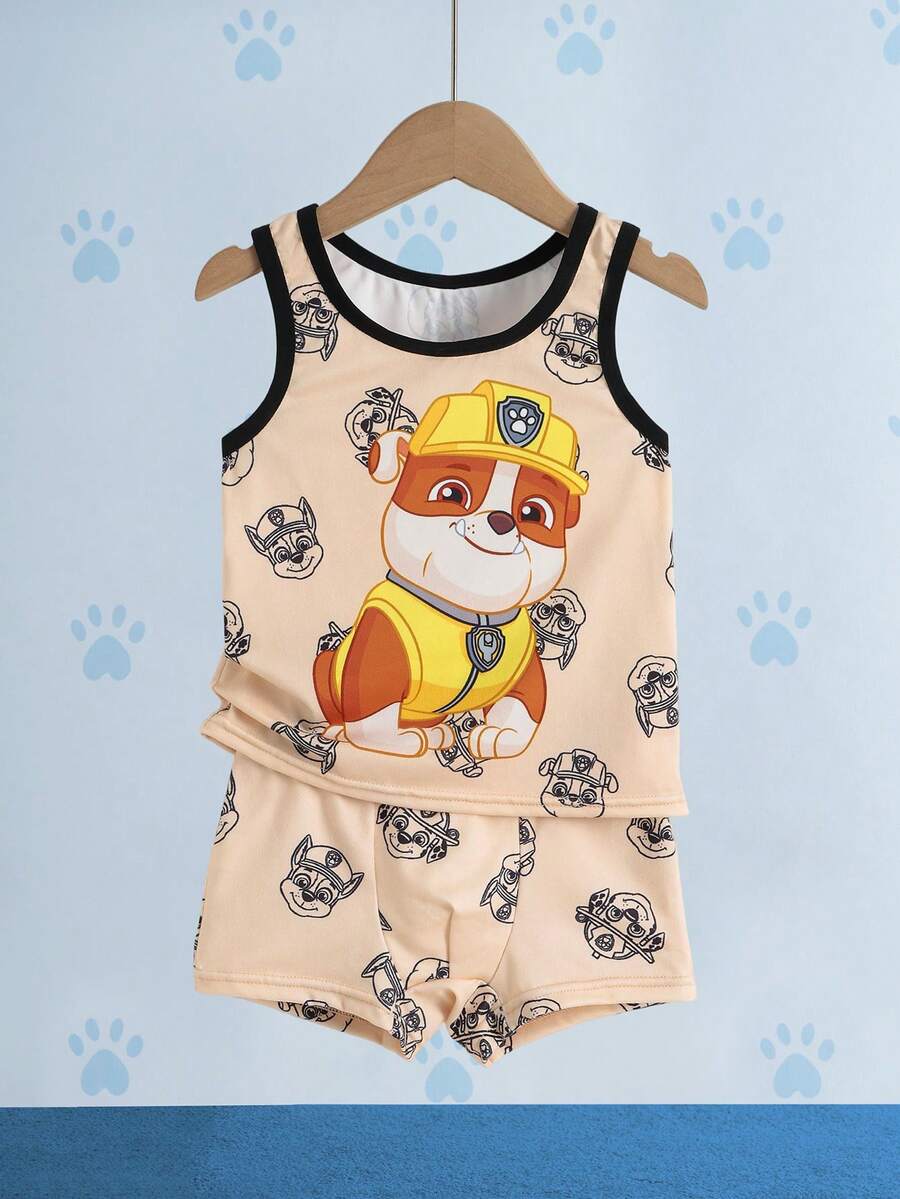 SHEIN | PAW Patrol Young Boys 2-Piece Set Casual Fashion Creative Personalized Fresh Cute Cartoon Pattern Print Tank Top And Shorts - Brown - View 1