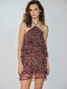 MOTF PREMIUM URBAN HALTER NECK RUFFLE POLKA DOT SHORT DRESS, AUTUMN/WINTER - Coffee Brown - View 3