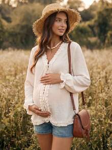 Boho Mama Comfortable Pure Maternity Shirt With Ruffle Trim And Front Tie – Autumn Fall - Apricot - View 2