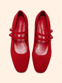 CUCCOO BASICS Women's Shoes Fashion Versatile Square Toe Double Strip Red Flat Shoes Knitted Mary Jane Shoes Fall Shoes - Red - View 7