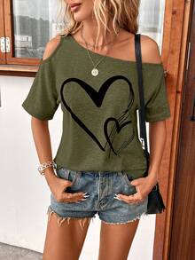 SHEIN Clasi Plus Size Heart Print Asymmetric Neckline T-Shirt Trail Ride Office Olive Green Summer Elegant Business Casual - Army Green - View 7