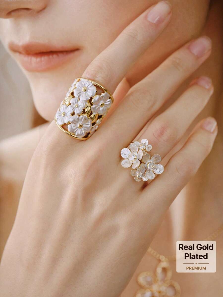 Opalesca 18K Gold Plated White Flower Exquisite Fashion Open Ring - Yellow Gold - View 1
