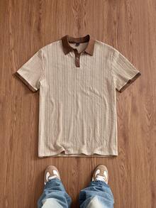 SWAVVY Men's Summer Casual Colorblock Patchwork Short Sleeve Polo Shirt - Khaki - View 3