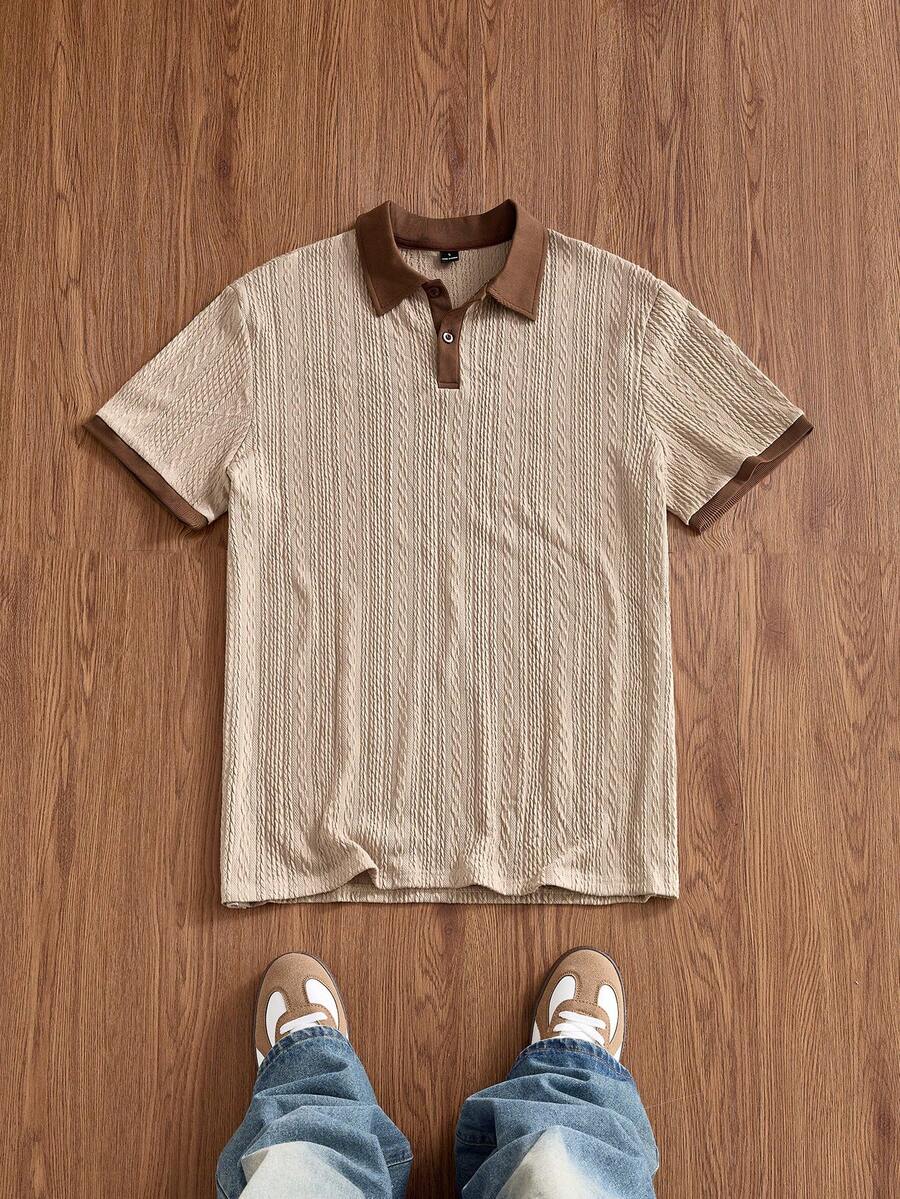 SWAVVY Men's Summer Casual Colorblock Patchwork Short Sleeve Polo Shirt - Khaki - View 1