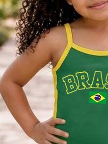 女童 BRAZIL 字母圖案對比滾邊連身褲，黃色夏季街頭風 - 彩色 - 查看 6