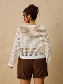 Travachic Plus Size French Vacation Hollow Out Tie-Front Long Sleeve Knit Cardigan - White - View 2