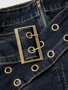 ROMWE Grunge Punk Vintage Distressed Punk Metal Eyelet Low Waist Straight Leg Denim Skirt For Women - Blue - View 3