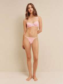 lacRébo Light Pink Lace Underwire Bra And Thong Lingerie Set With Bow Straps Detail Cute Romantic - Baby Pink - View 5