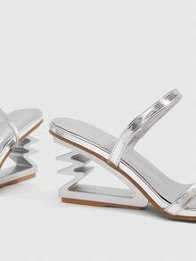 CUCCOO SZL Women's Silver Heeled Sandals With Unique Zigzag Heel And Square Toe Design - Silver - View 4