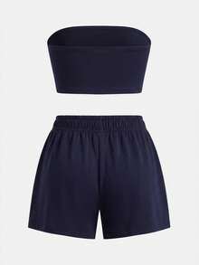 SHEIN Girlism Conjunto de 2 piezas para niña preadolescente, sudadera casual de calle con eslogan gráfico en inglés estilo Y2K y top tubo de punto ajustado de color liso, azul - Azul Marino - Ver 2