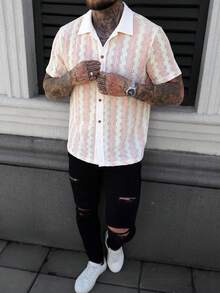Manfinity CasualCool Men's Contrast Color Front Button Short Sleeve Striped Shirt - Pink - View 5