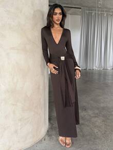 Aloruh Dark Brown Autumn/Winter Sexy Mature Elegant Deep V-Neck Party Dinner Night Bar Dress With Metallic Decor And Ribbon Accents Fitted Dress For Women - Brown - View 3