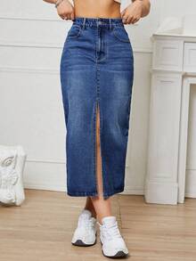 SHEIN EZwear 女款高腰口袋開衩下擺休閒牛仔裙 - 深色水洗藍 - 查看 3