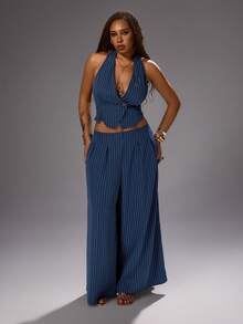 Rustia Plus Size Women's Striped 2 Pieces Set, Blue And White Striped Vest And Wide Leg Pants, Casual Sexy Commute Fashion Going Out Vacation Summer - Blue - View 7
