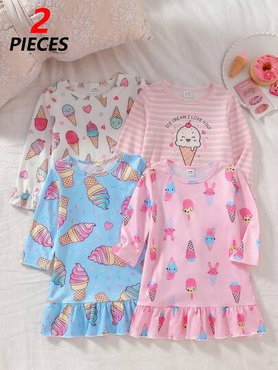 Baby Girl Fashion Cute Elegant Casual Daily Comfortable Soft Skin-Friendly Knitted Fabric Pink Blue Ice Cream Candy Rabbit Cartoon Print Round Neck Long Sleeve Hemline Ruffle Trim Dress Pajamas Homewear 2-Piece Set