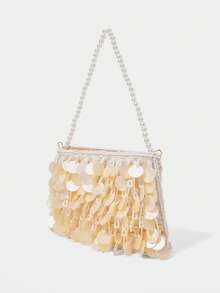 SHECARRY WOMEN'S FASHION BEIGE HANDBAG, EXQUISITE PEARL BEADS, SHELL PIECE DECORATION, SUMMER VACATION, TRAVEL, SEASIDE, BEACH, BOHEMIAN, PARTY - Beige - View 3