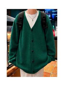 Manfinity Hypemode Cárdigan casual versátil de unicolor para hombre, otoño/invierno - Verde Oscuro - Ver 5