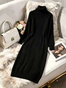 Aalyst Turtleneck Raglan Sleeve Sweater Dress Without Belt Fall Winter Cloth For Women - Black - View 3