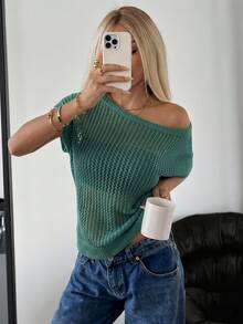 SHEIN EZwear 女款鏤空純色極簡針織上衣，適合度假穿著 - 水鴨藍 - 查看 4