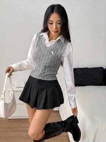 SHEIN PETITE 女款騎士圖案麻花編織V領休閒背心 - 淺灰色 - 查看 3