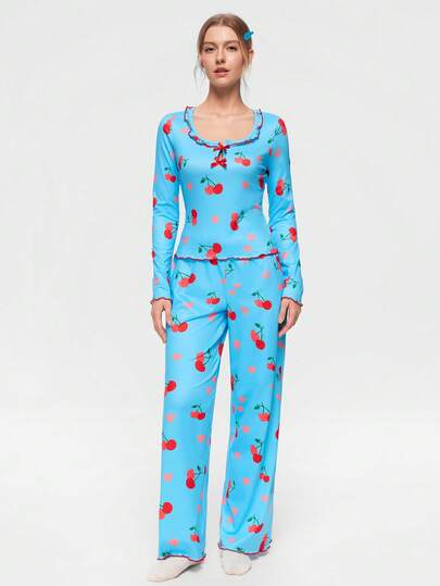 Bonmuse 2 st damer casual körsbärsmönster volangkant långärmad loungewear-set med fyrkantig halsringning, höst