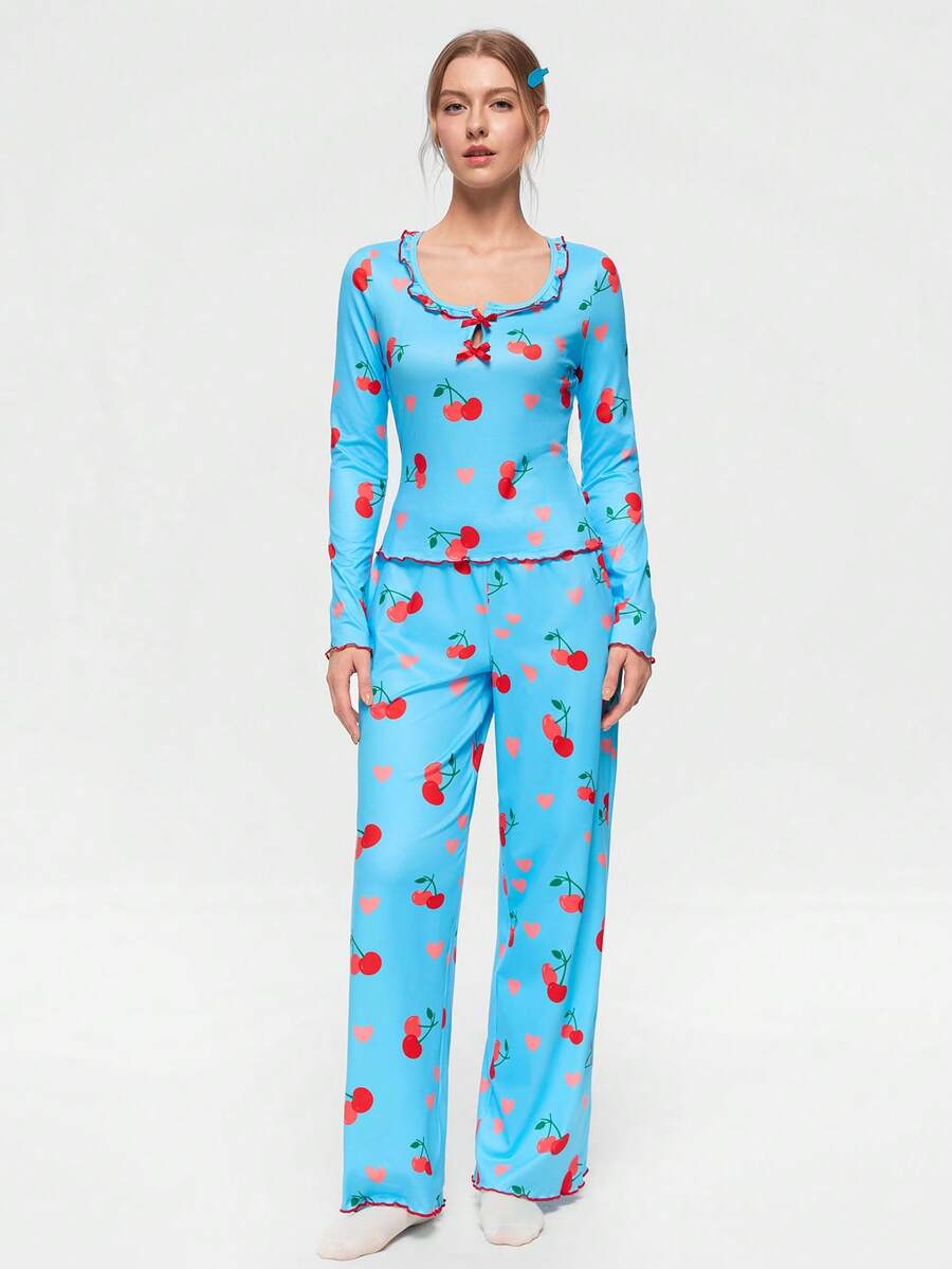 Bonmuse 2件套女士休闲樱桃印花荷叶边长袖方领家居服套装，秋季