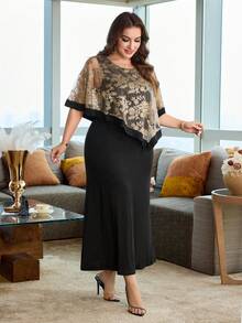 Modelyn Plus Size Women's Shawl Cape 2 In 1 Sleeveless Round Neck Fitted Elegant Party Comfortable Spring/Summer Outing Dress - Black - View 7